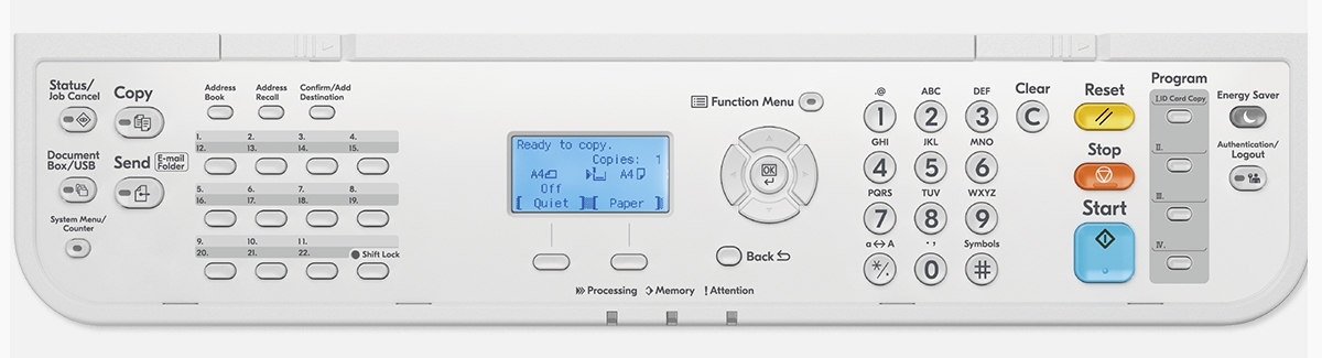 Ecosys MA4500x, A4 B/W MFP, 45ppm, 3in1, 1200x1200 dpi, 5 lines (With back-light), 75-sheet reverse scan DP std, with starter toner