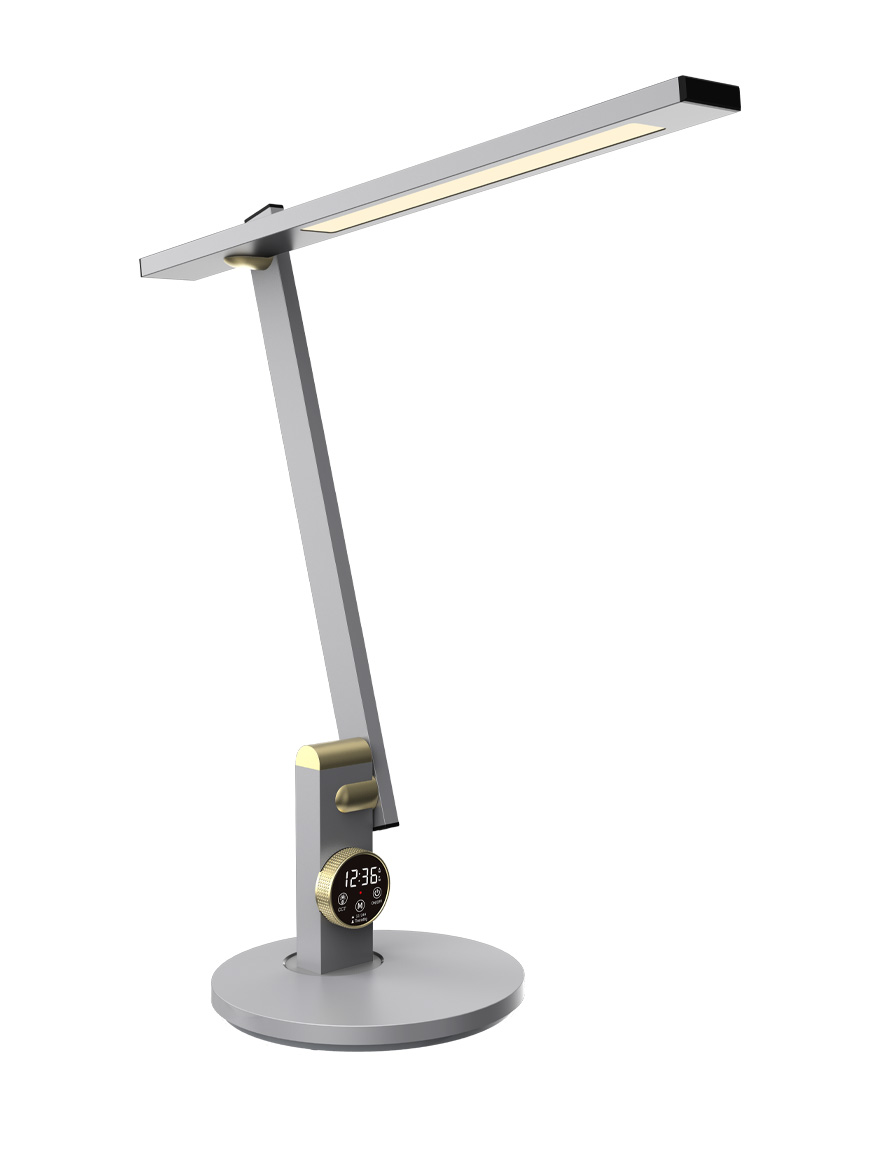 Lampă de masă ZURA LED dimabilă Argintie 12W 560lm CCT:3000-5700K Display cu ceas LuminaLED