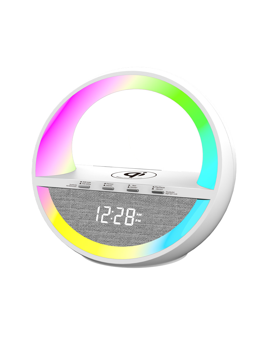 Lampă de masă RYZON LED ALB 3.5W cu încărcător fără fir + RGB + Display ceas + Difuzor bluetooth HiFi NICAM LuminaLED