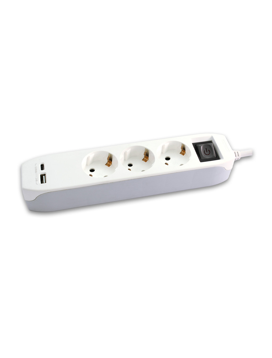 Удлинитель с 3 розетками, 1,4 м, с вилкой USB A + Type C, бело-серый, 16 А, 250 В, 234-405 Commel.