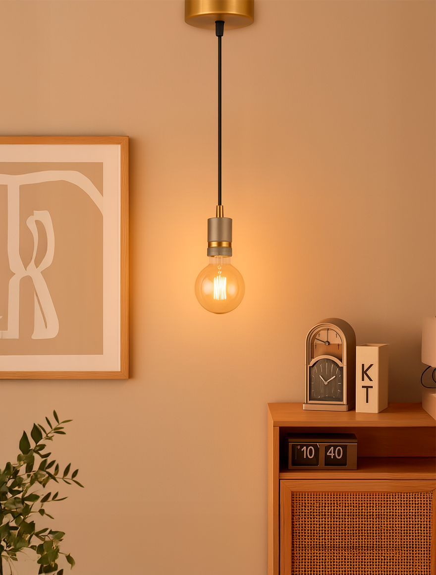 SuspensieJH-145 D5xH7cm, E27/1, Metal+ PVC Wire, Golden+Tan Luminaled