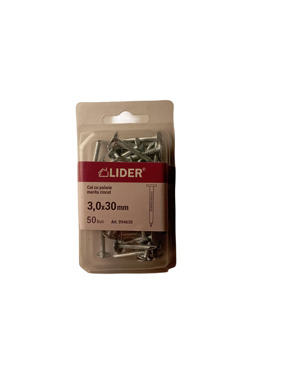 Cui cu pălărie mărită zincat 3.0x30 (50buc)  Lider