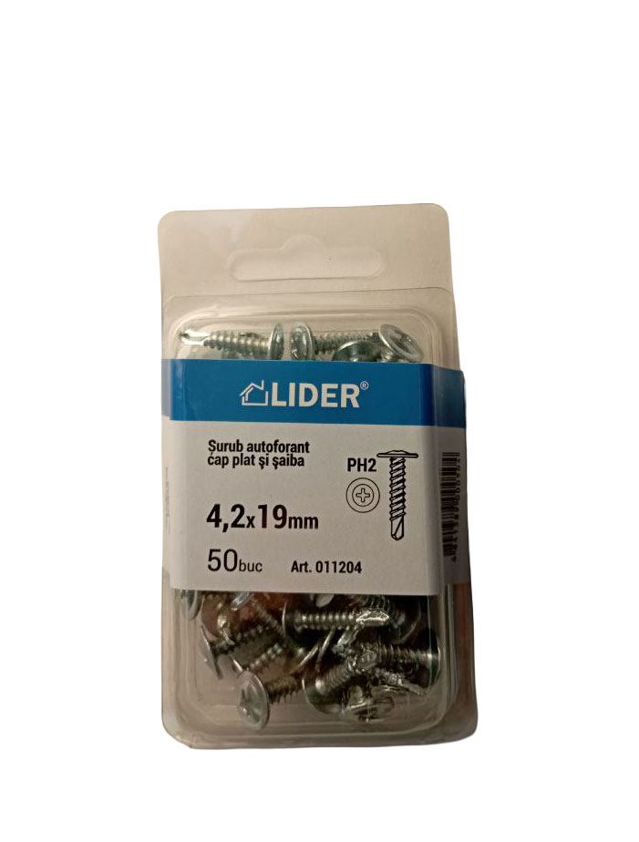 Șurub autoforant 2,0mm cap plat și Șaibă 4,2x19_50 buc.011204 Lider