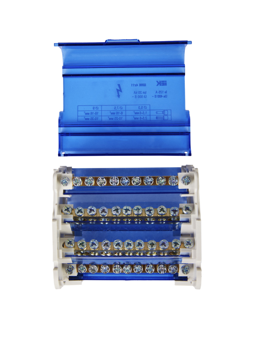 Bloc de distribuție 4x11șuruburi, montaj șină DIN, curent nominal 125A IEK