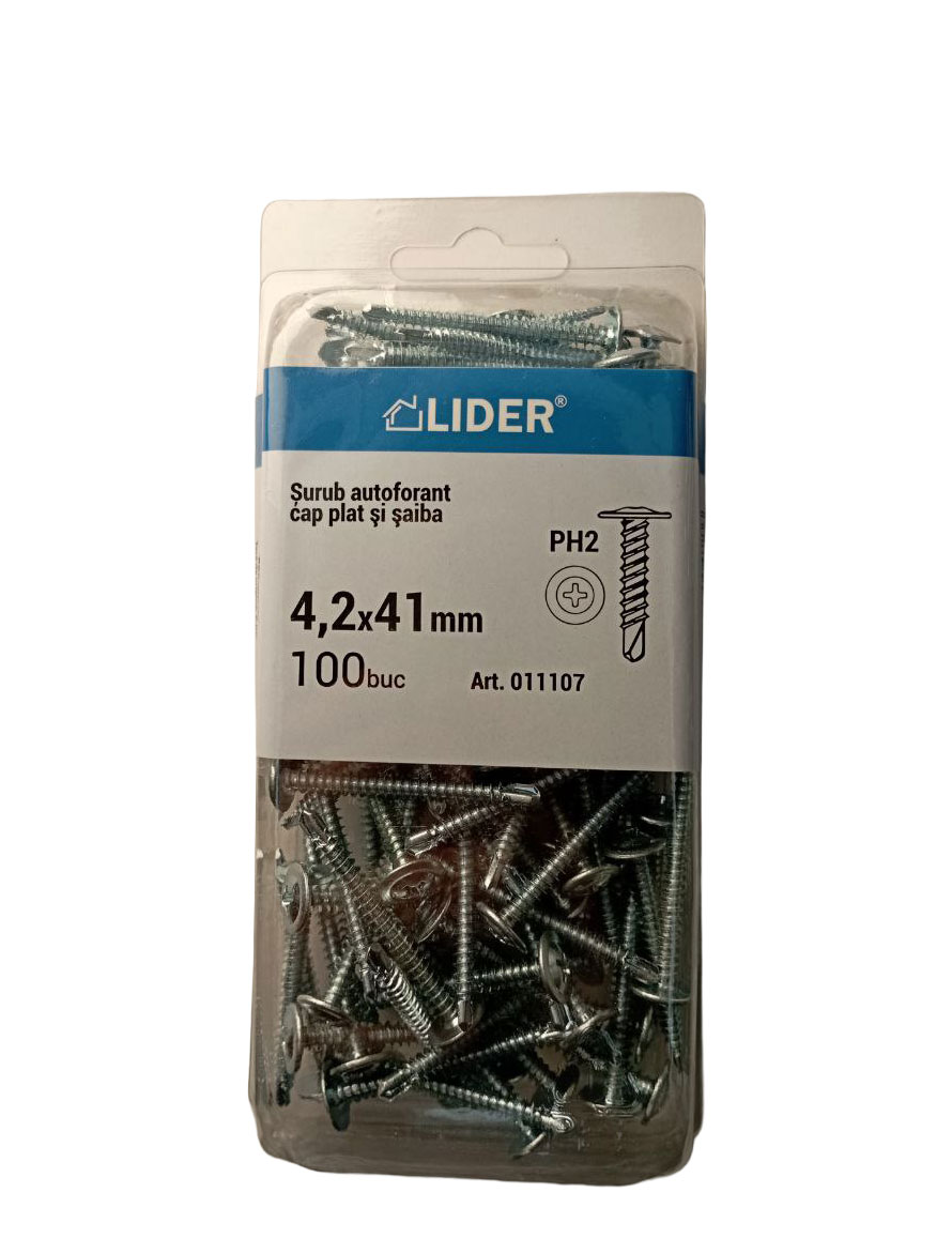 011107 Șurub autoforant 2,0mm cu cap plat și șaibă 4,2x41_100 buc. 011004