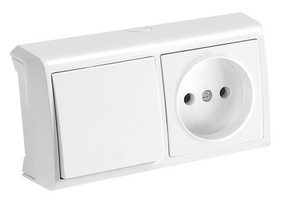 Întrerupător 1-cl + Priză f/imp. aplicat (orizontal), alb Vera VIKO
