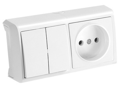 Întrerupător 2-cl + Priză f/imp. aplicat (orizontal), alb Vera VIKO