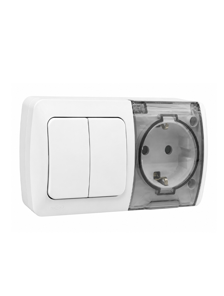 Выключатель двухклавишный + розетка с крышкой IP54 PT (белый) 554-011500-922 EL-BI EVA
