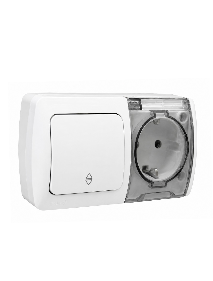Întrerupător cap-scară+priză cu capac IP54 PT (alb) 554-011500-929 EL-BI EVA