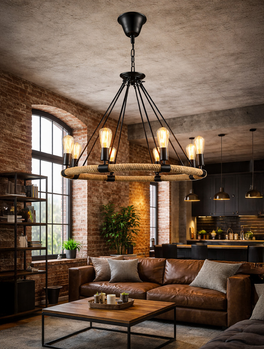 Люстра JH-49-1 80x62 см, цоколь E27/8, металл + пеньковая веревка, Brown LuminaLED