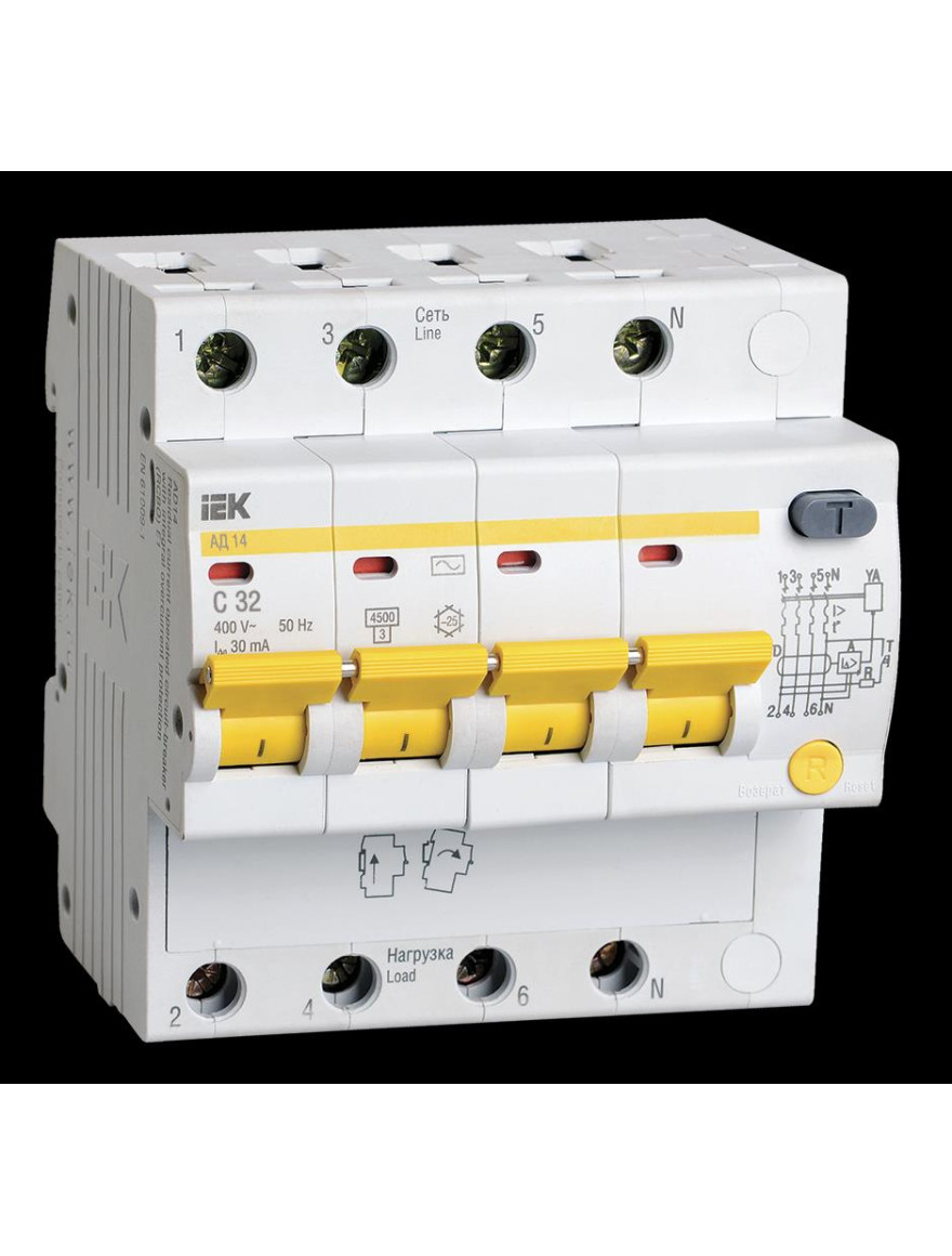 întrerupător automat diferențial AD14 4Р 32А  30mA curba C IEK