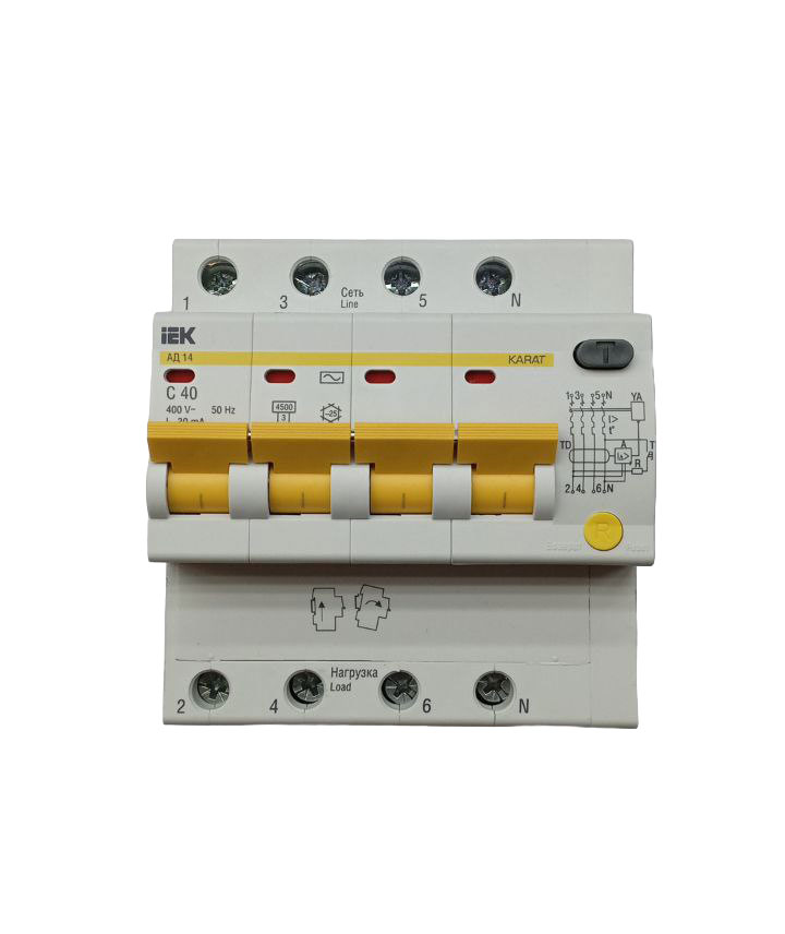 Дифференциальный автоматический выключатель AD14, 4P, 40 А, 30 мА, характеристика C, IEK
