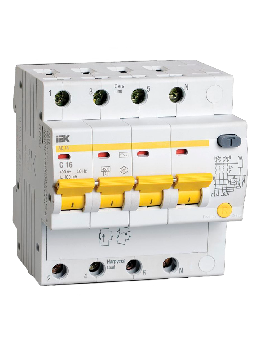 Întrerupător automat diferențial AD14 4Р 16А  100mA IEK