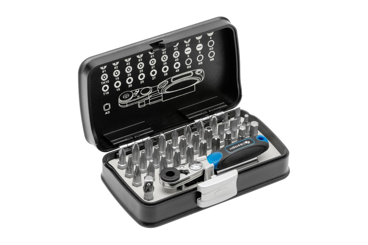 Set biți cu clichet 1/4", SL, PH, PZ, HEX, Torx, Torx cu gaura , 33 buc. HOGERT