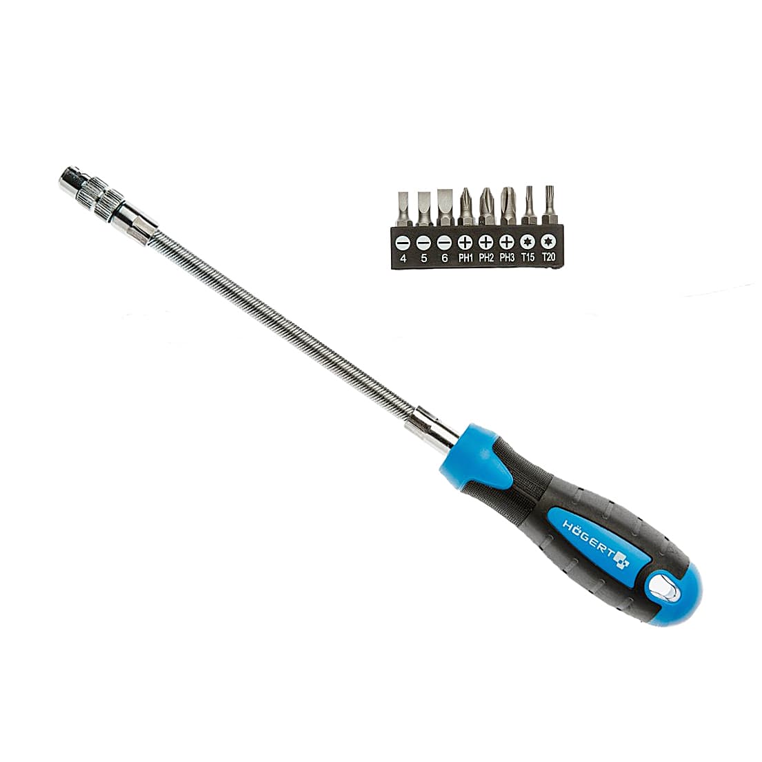 Șurubelniță flexibilă+set biți (4 mm/5 mm/6 mm/PH1/PH2/PH3/T15/T20) 8 buc. HOGERT
