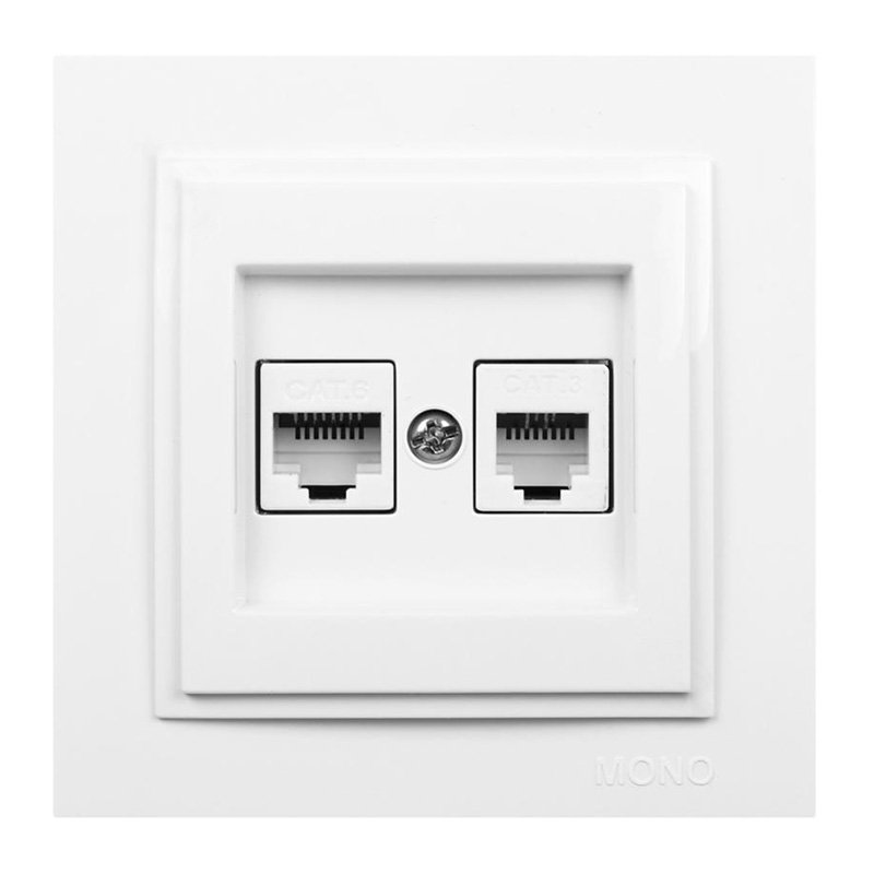 Priză de date+tel. (RJ45 CAT6, RJ11 CAT3) albă Despina Mono