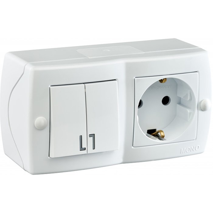 Двухклавишный выключатель + розетка без заземления (горизонтальная), белая, Octans Mono, 104-010101-181