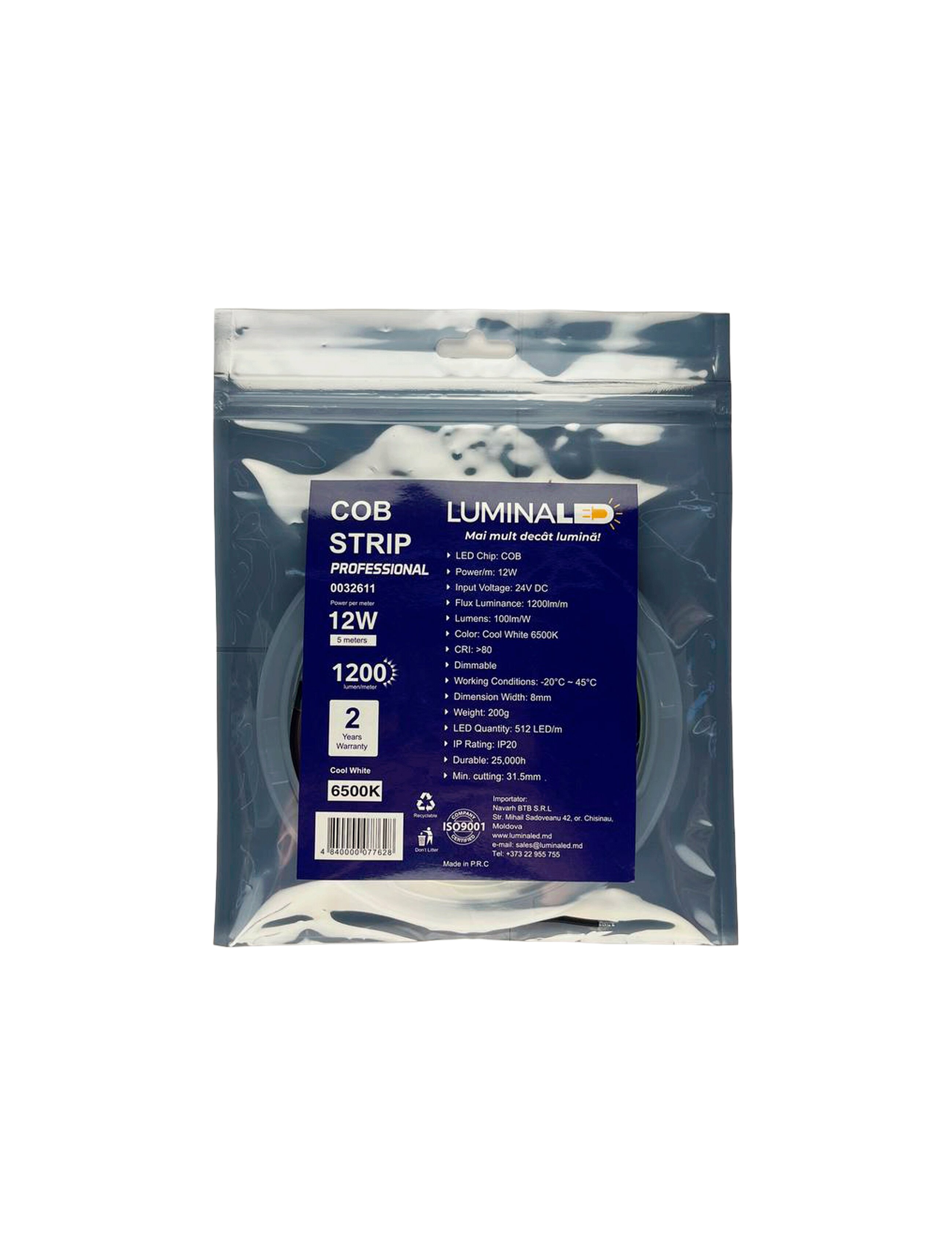 Bandă LED COB 12W 24V (512chips/m) IP20 6000K 5M LuminaLED