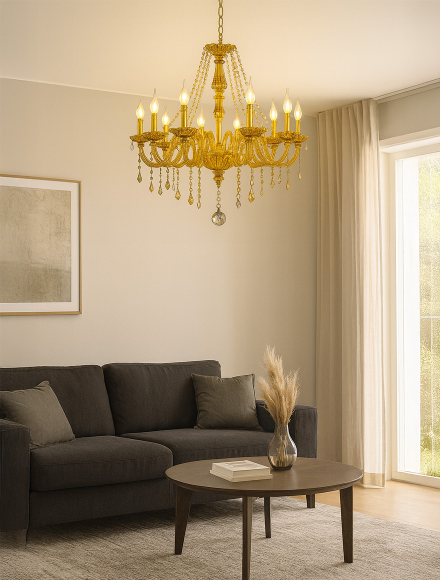 Lustră 8124-10L, 10xE14, D77xH55, Amber Cryst+ Amber Glass+Gold LuminaLED