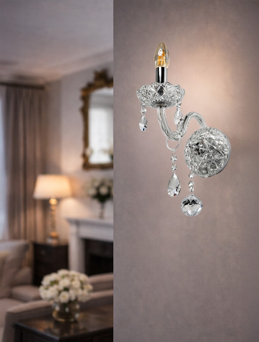 Бра 8124-1, 1xE14, 15x30x30, Прозрачное стекло+Хром+Прозрачный хрусталь LuminaLED