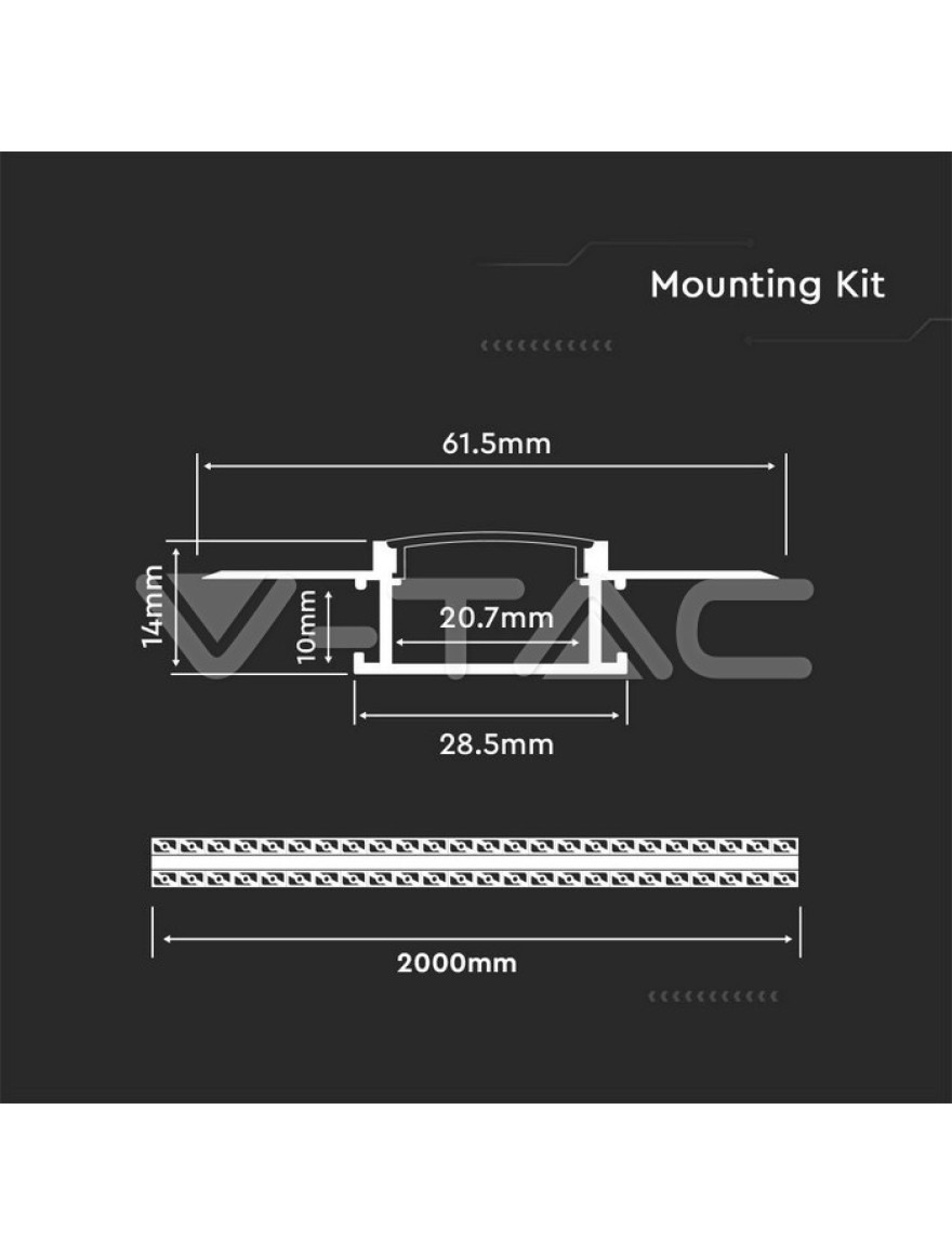 Profil bandă LED p/u rigips cu dispersor 14x61.5mm 2M alb V-TAC