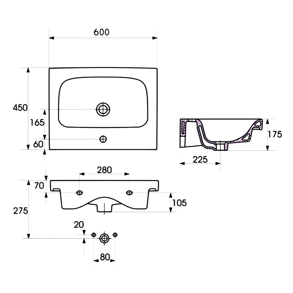 108647 Накладной умывальник Cersanit Moduo 600×450×175 мм, прямоугольный