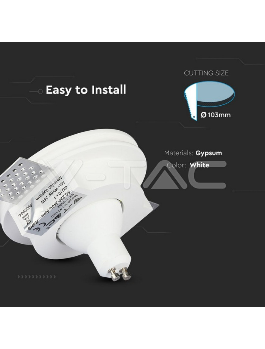 Spot încorporat 1xGU10 D100 H30 gips max 10W rotund alb V-TAC