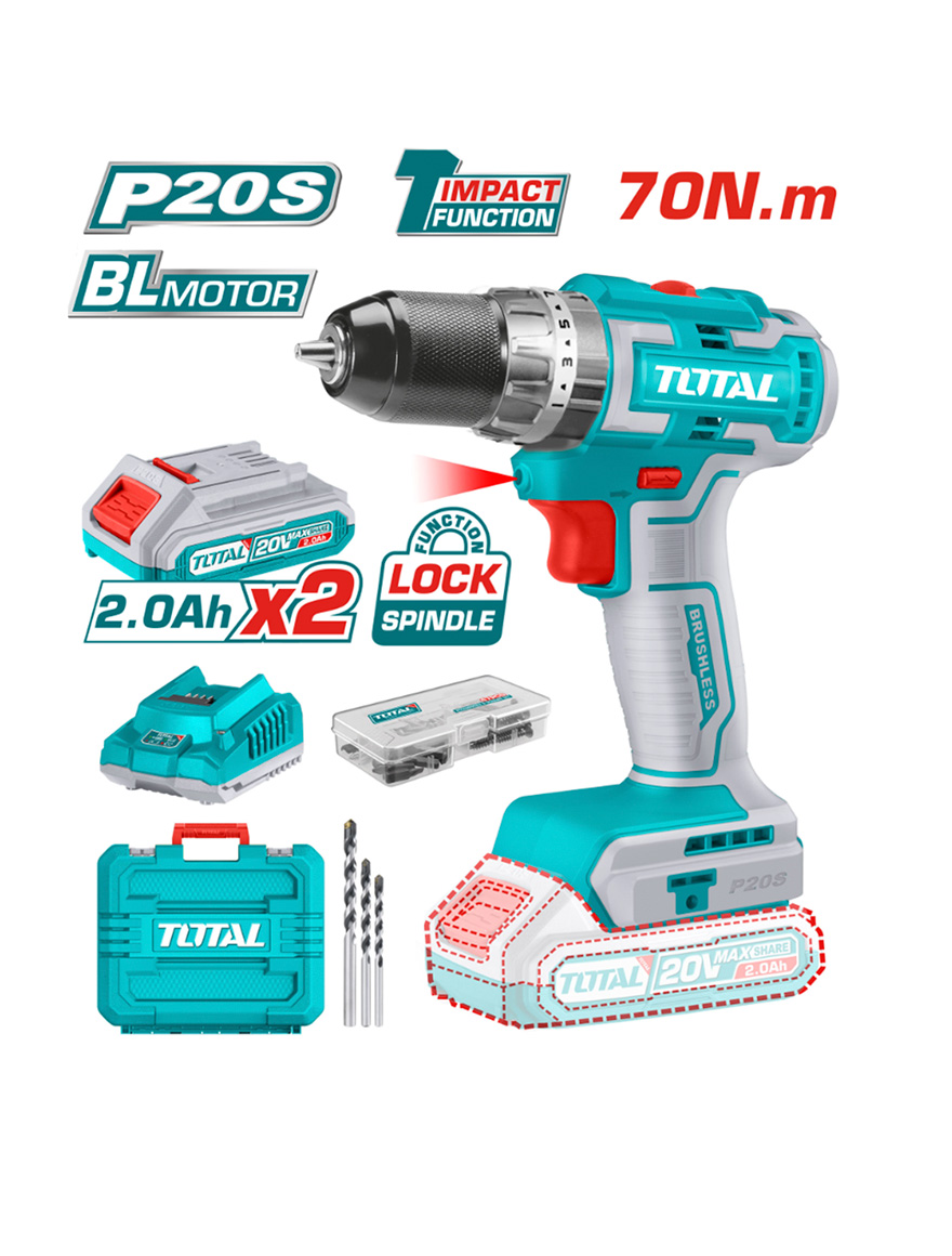 Дрель-шуруповерт ударная с аккумулятором 20.0В 2.0Aч 70Нм Total TIDLI20605 Brushless