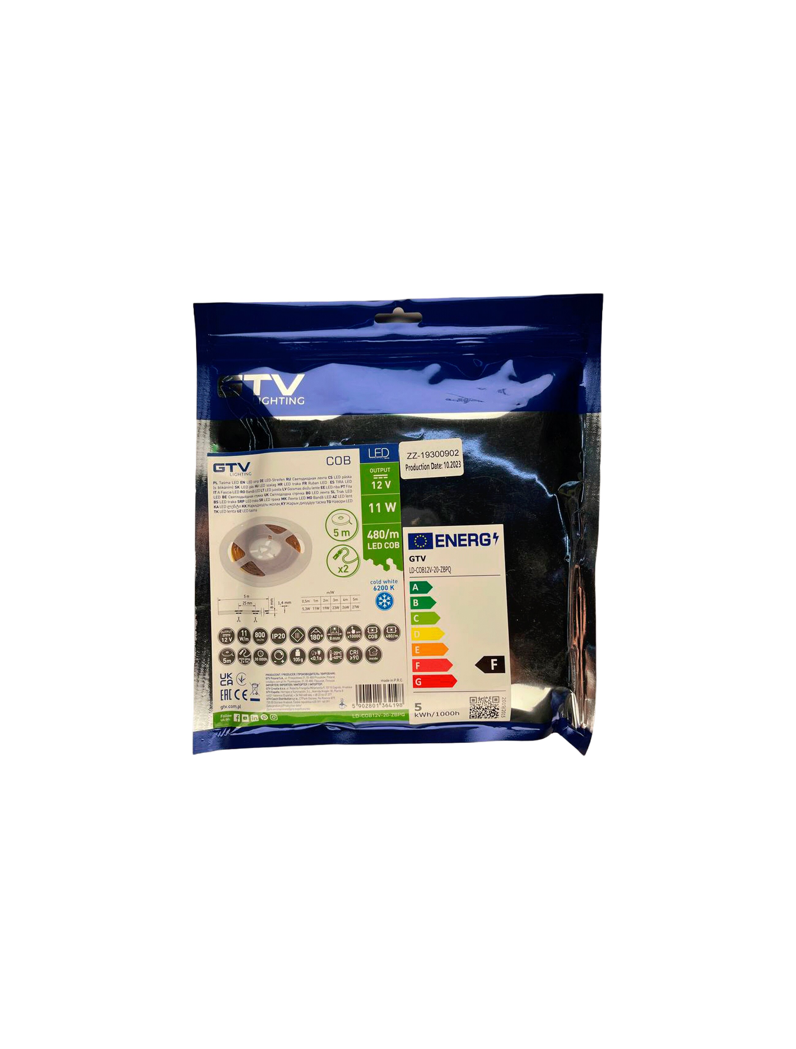 Светодиодная лента (LED) COB 11W/M 480led/m 6200K 8mm 12V 5M GTV