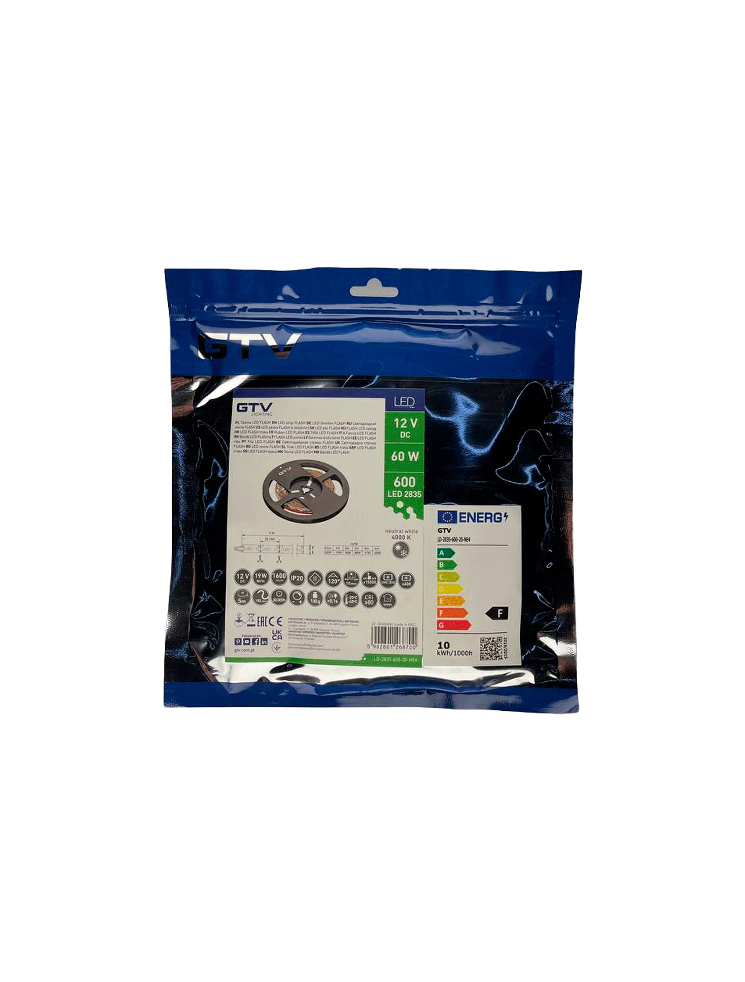 Светодиодная лента (LED) SMD2835 12W/M 600led IP20 4000K 10mm 12V 5M GTV