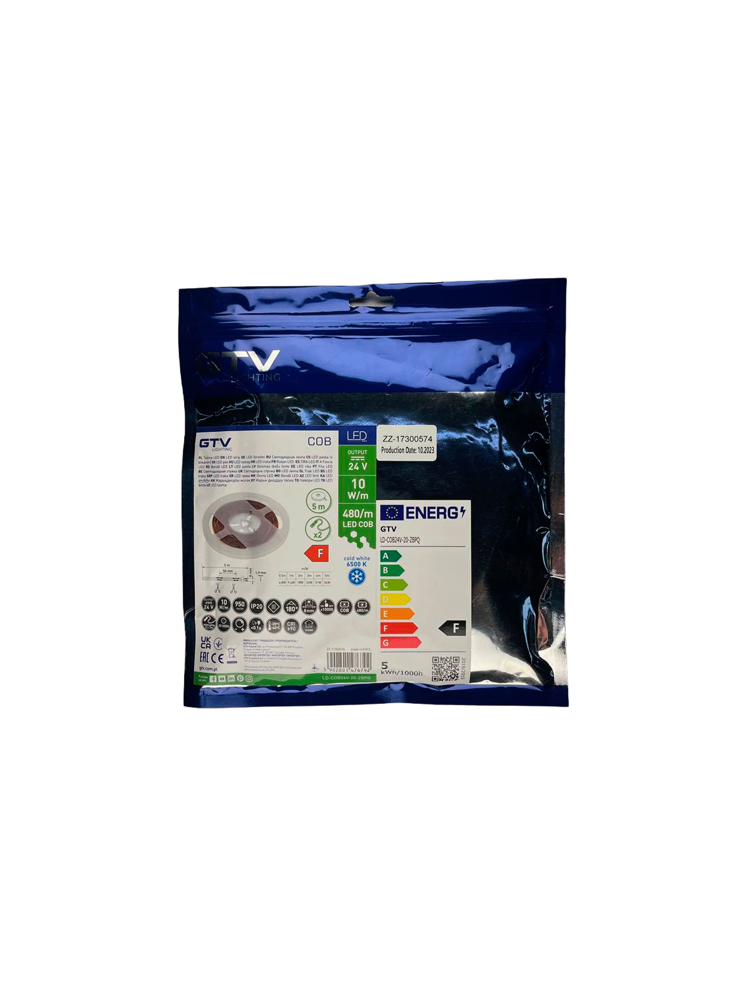 Светодиодная лента COB 10Вт/м 480led/м 6500K 8мм 24В 5м GTV