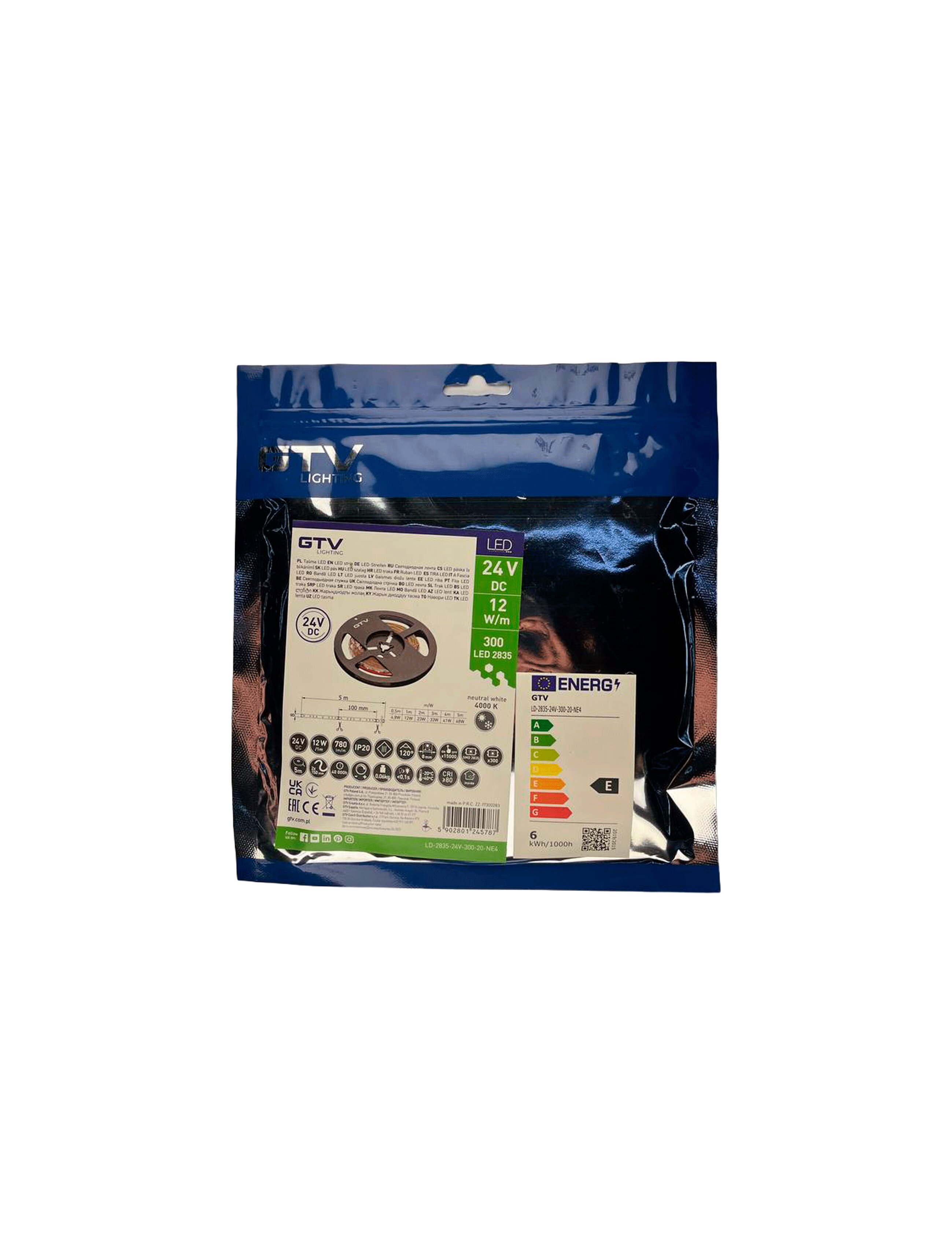 Светодиодная лента SMD2835 9.6Вт/м 300led IP20 4000K 8мм 24В 5м GTV