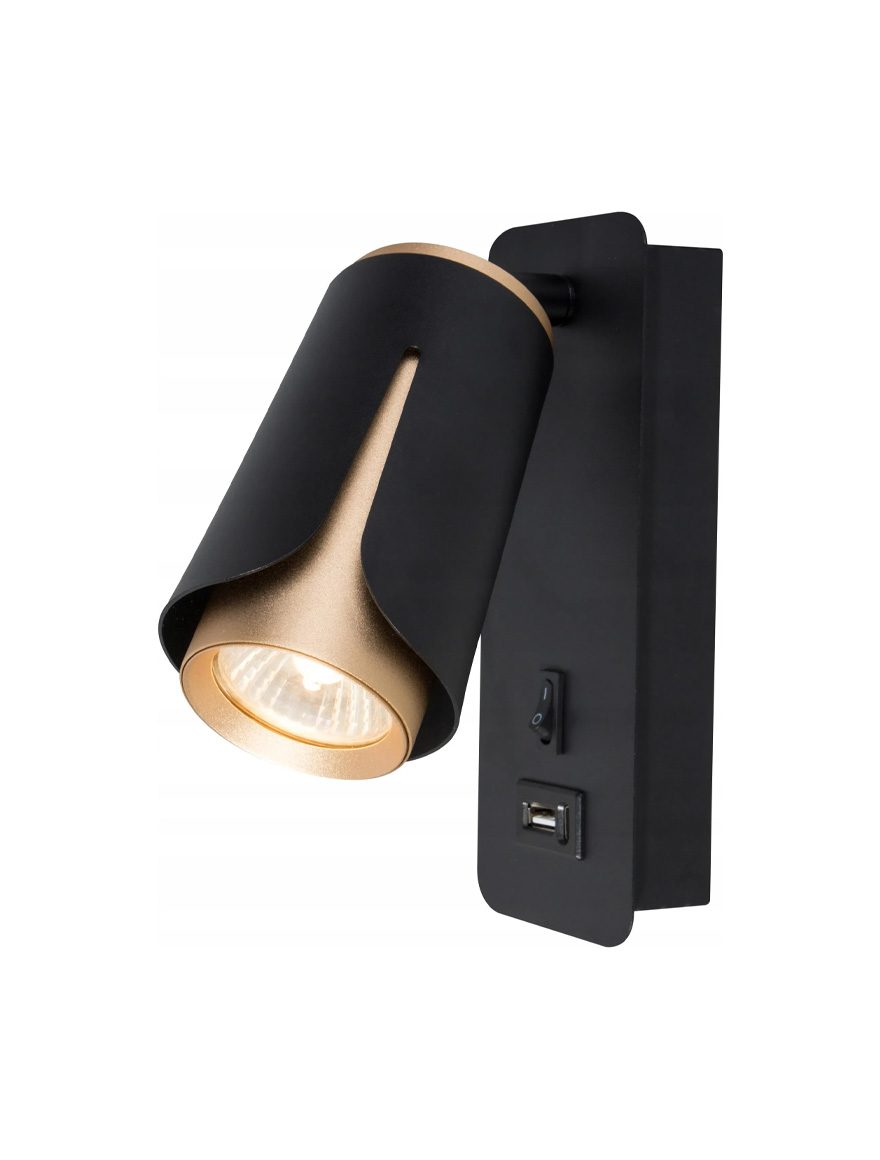 Настенный светильник 1xGU10, 70×120 мм, Type C + USB, чёрный + золото, LUMINALED