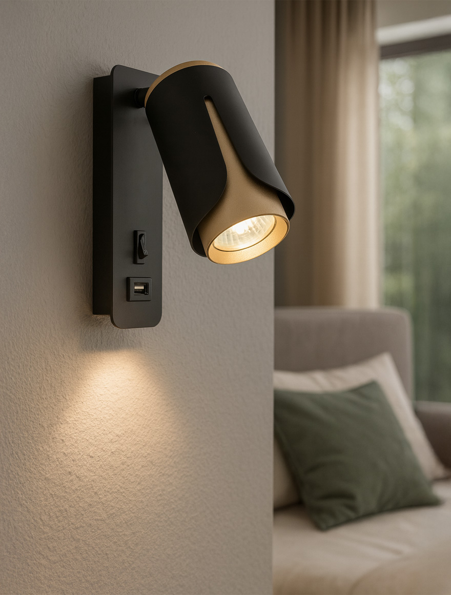 Настенный светильник 1xGU10, 70×120 мм, Type C + USB, чёрный + золото, LUMINALED