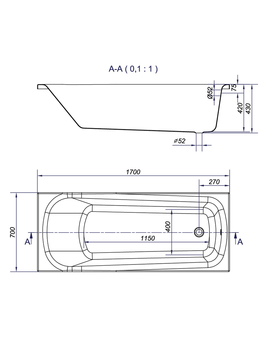 81177 Прямоугольная акриловая ванна 1700x700 Nao + писсуар Cersanit