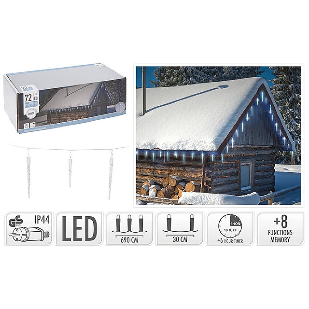 Luminițe de Crăciun Turturi 72LED alb, 6.9m, 8 regimuri