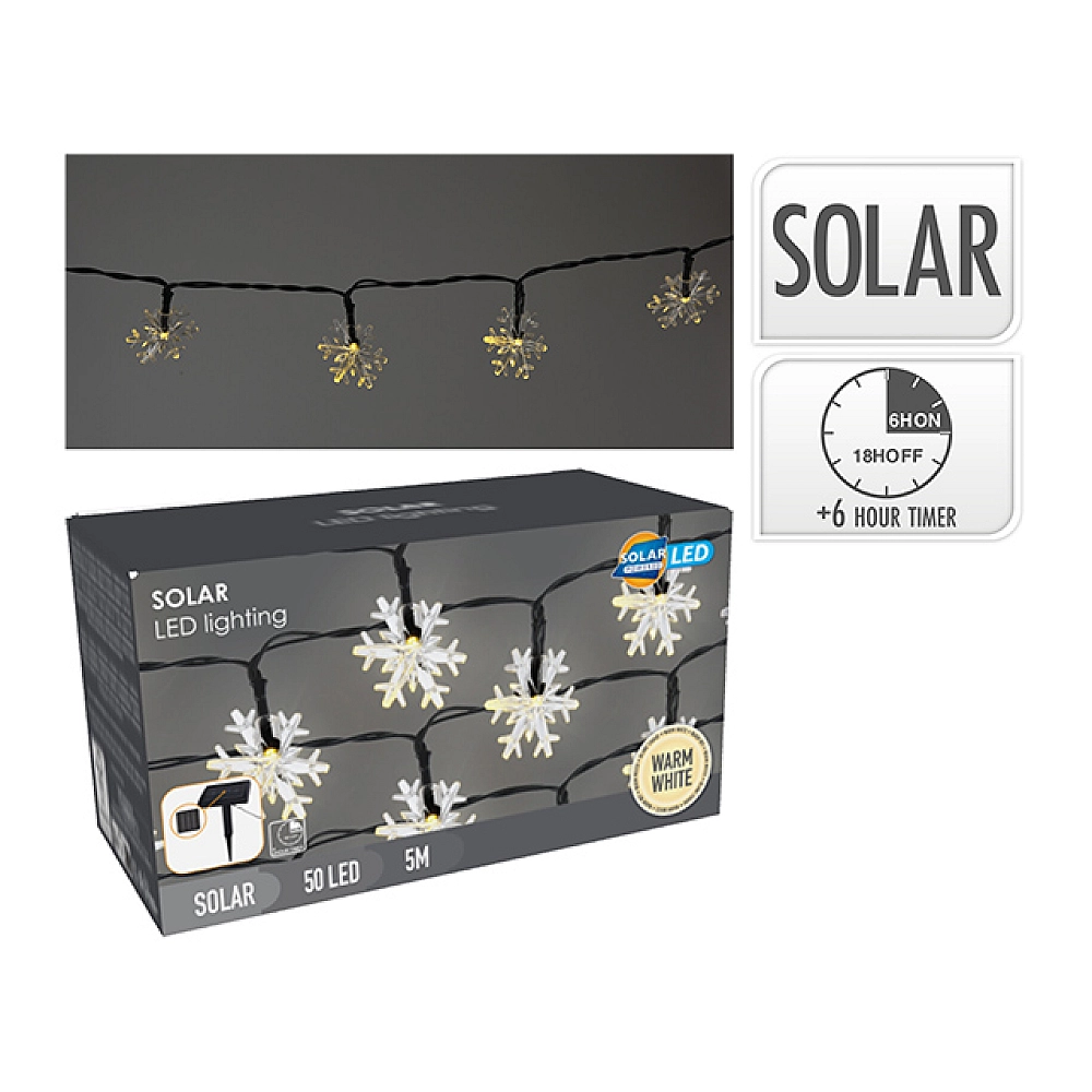 Luminițe de Crăciun Fulgi 50LED, cu panou solar, timer, 5m, alb cald