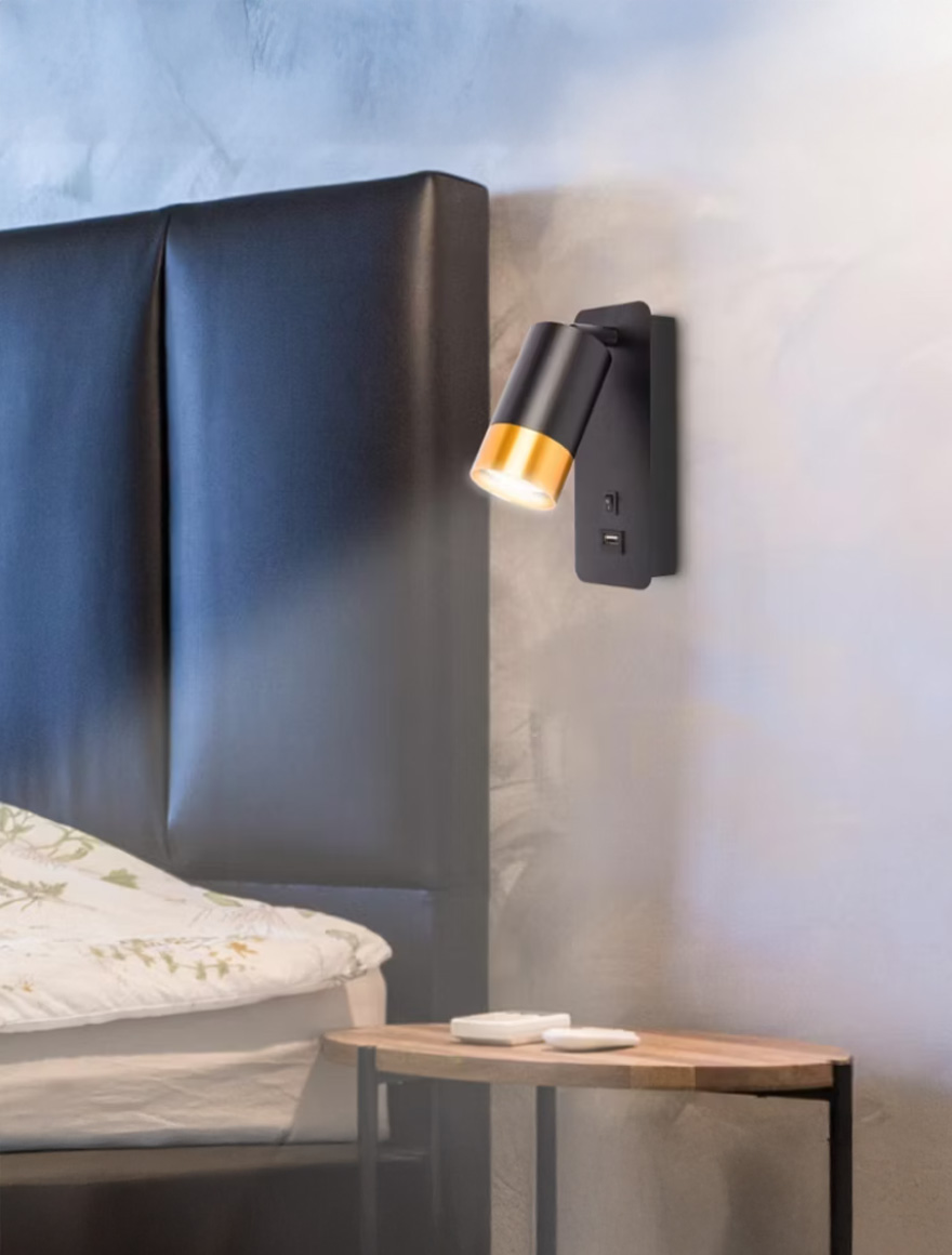 Настенный встраиваемый светильник с USB, 1xGU10, IP20, чёрный + золото, LUMINALED