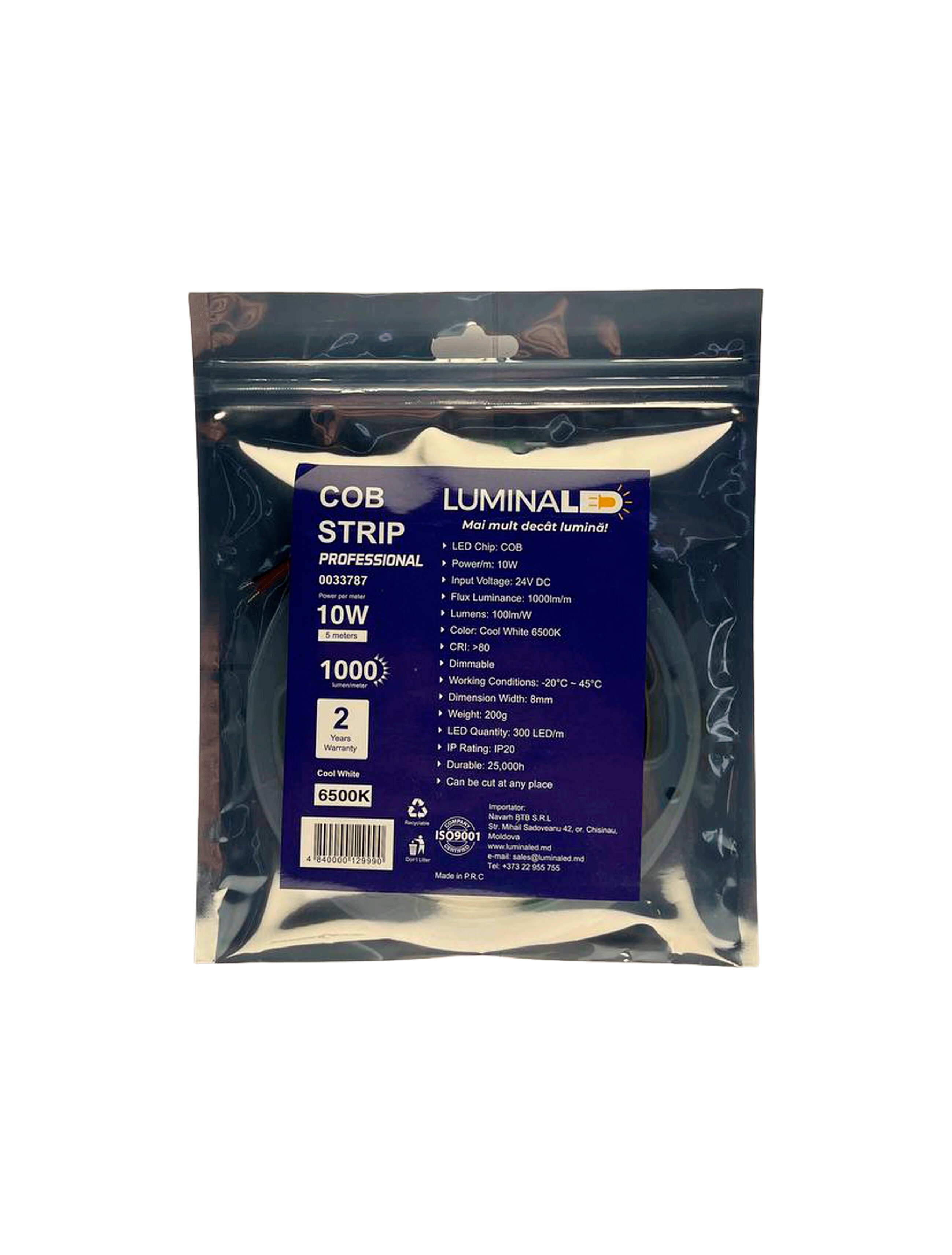 Светодиодная лента COB FREE CUT 300led, 24В, 10Вт/м, 8мм, 6500K, IP20 5М LuminaLED