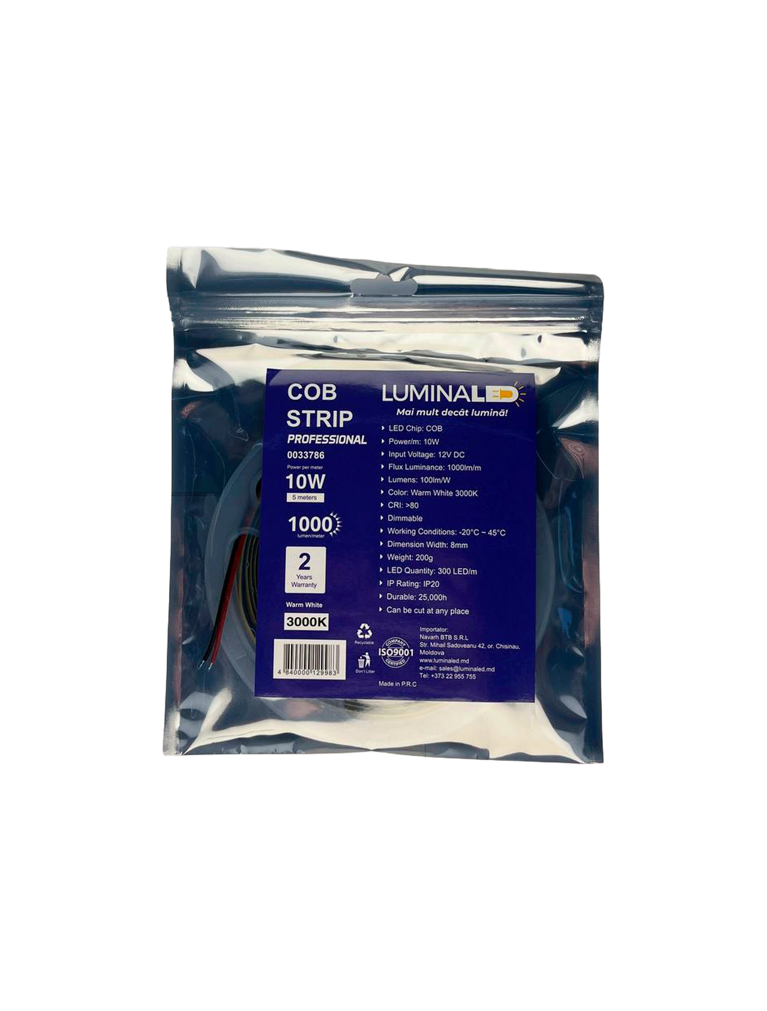 Светодиодная лента COB FREE CUT 300leds, 12В, 10Вт/м, 8мм, 3000К, IP20 5М LuminaLED