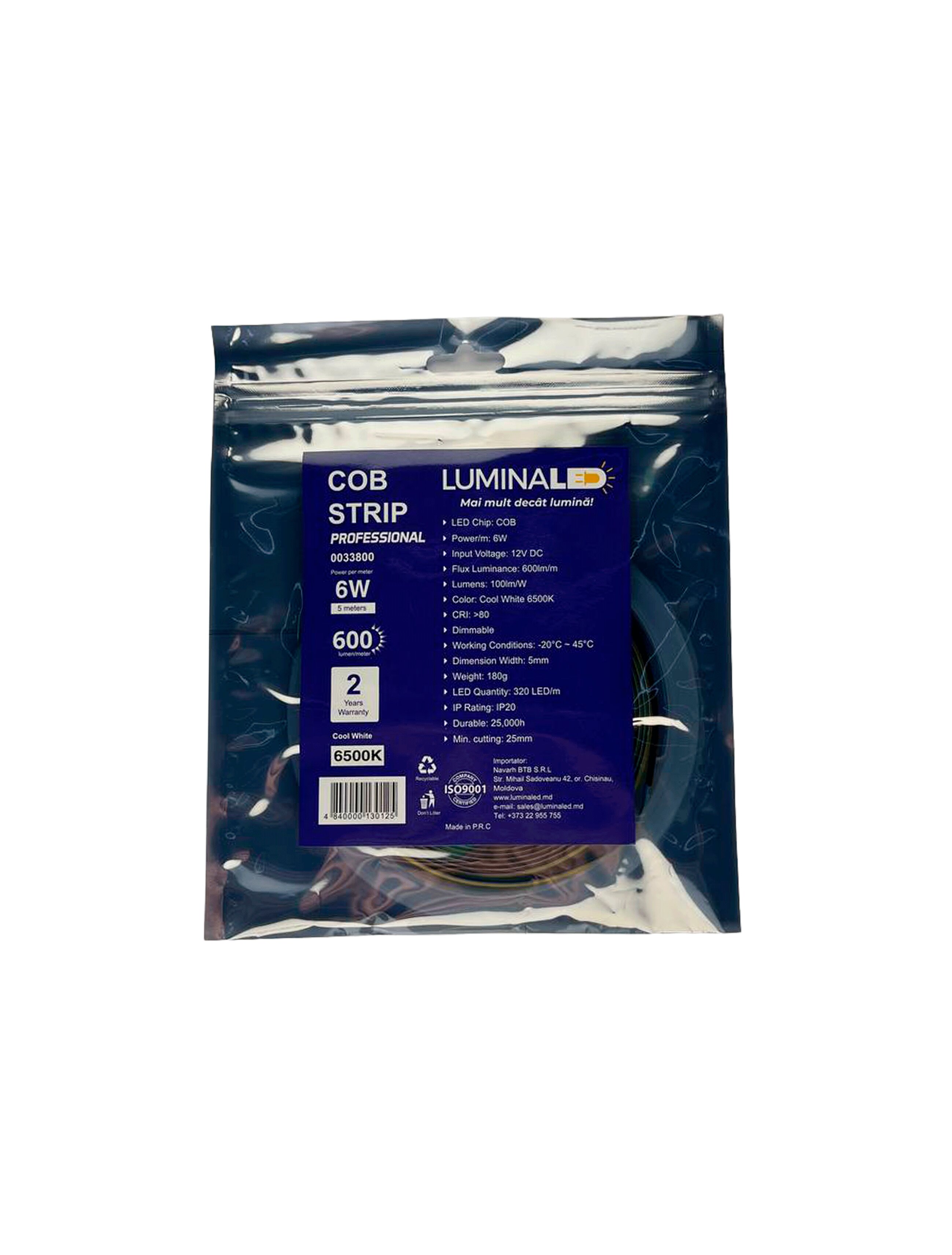Светодиодная лента COB SLIM 320leds, 12В, 6Вт/м, 5мм, 6500K, 100лм/Вт, 5м, IP20