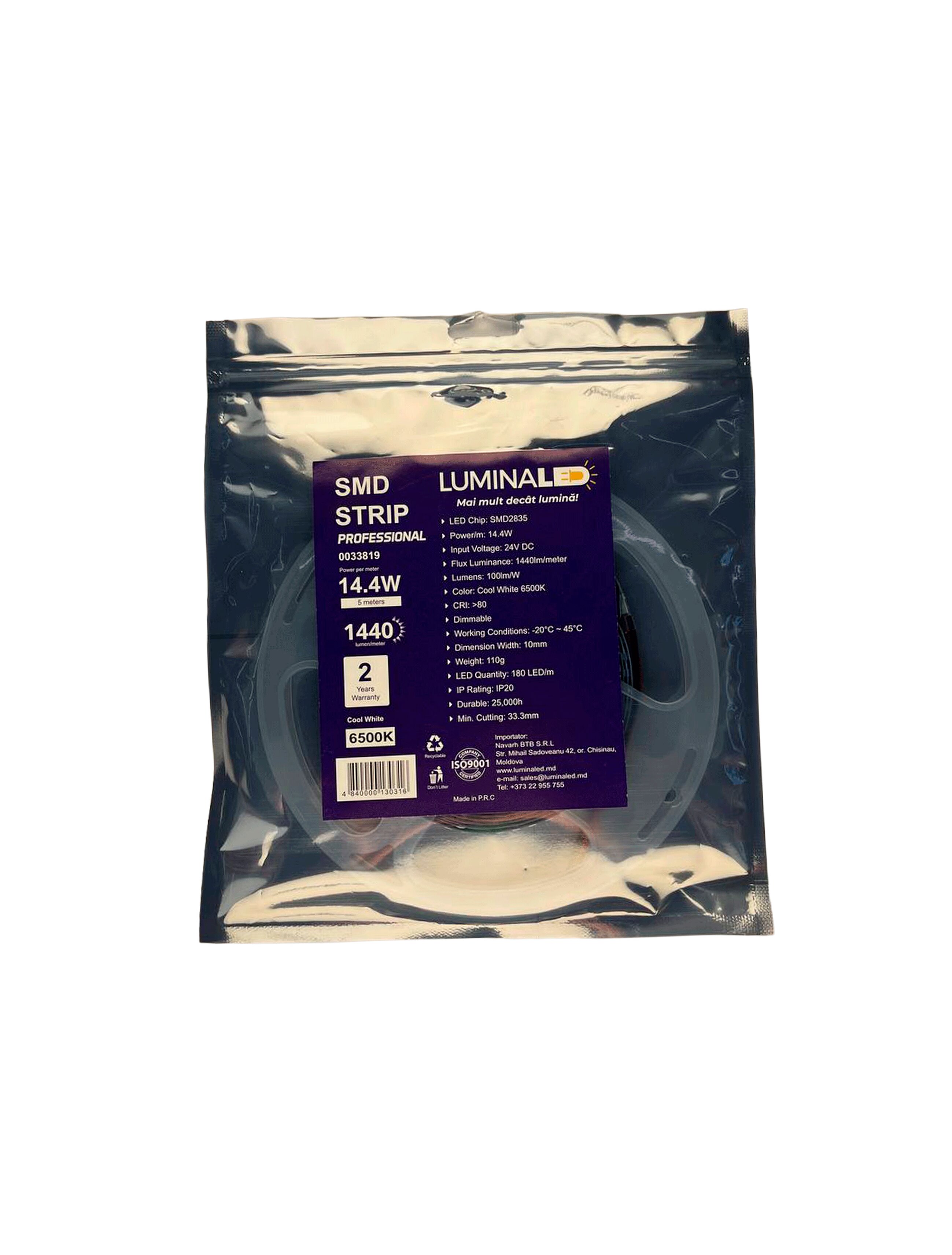 Светодиодная лента SMD2835, 180leds, 24В, 14.4Вт/м, 10мм, 6500K, 100лм/Вт, 5м, IP20