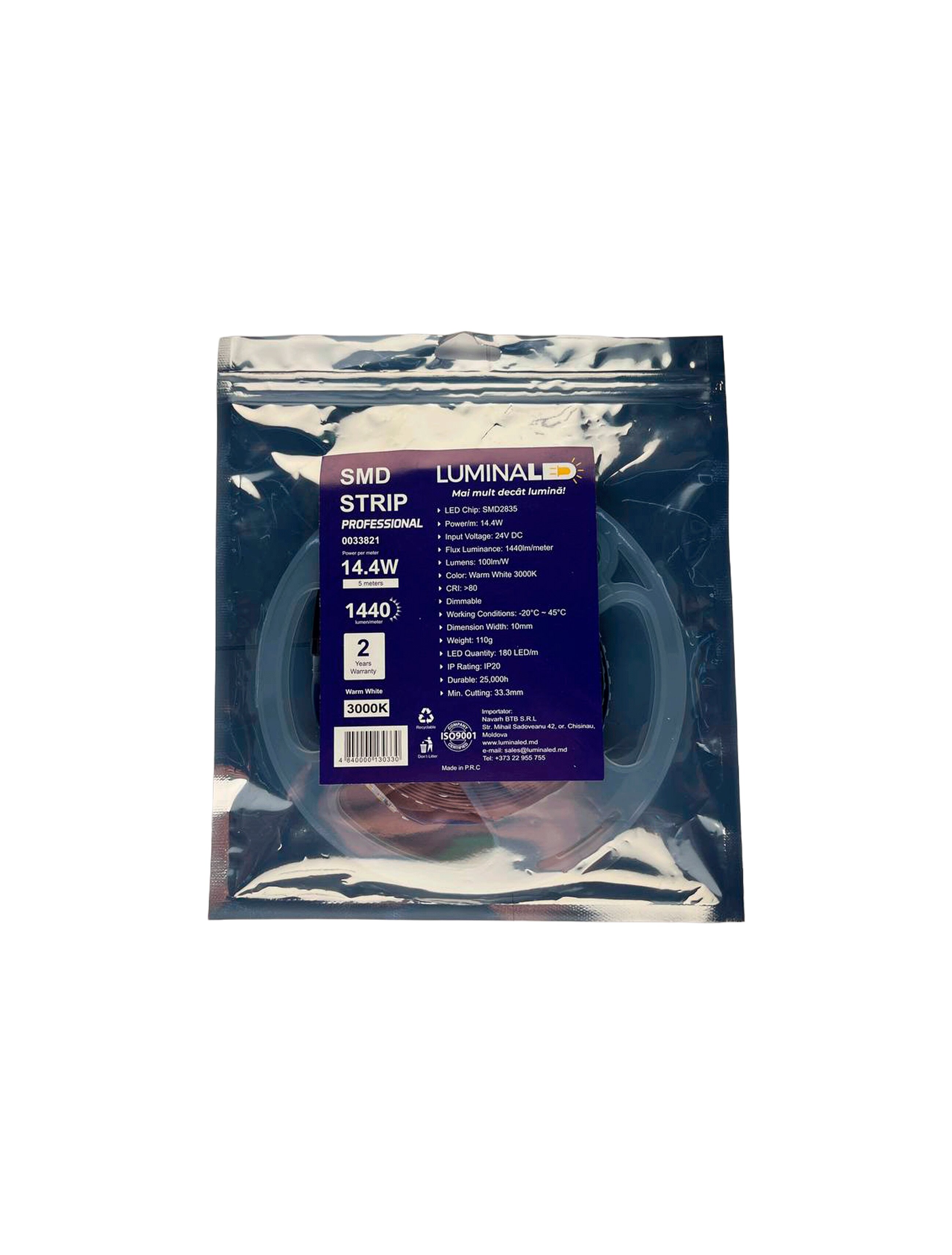 Светодиодная лента SMD2835, 180leds, 24В, 14.4Вт/м, 10мм, 3000K, 100лм/Вт, 5м, IP20