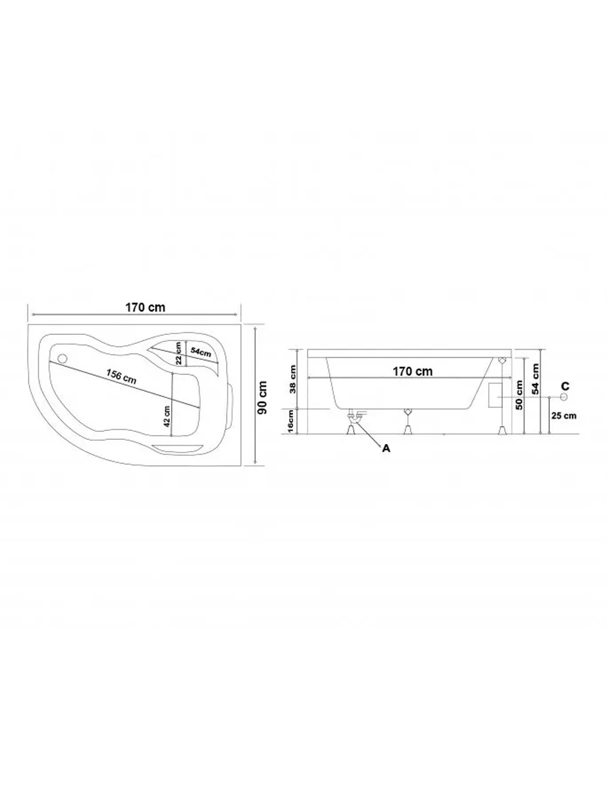 Асимметричная ванна Tuana-Calipso Semi-L 90*170см