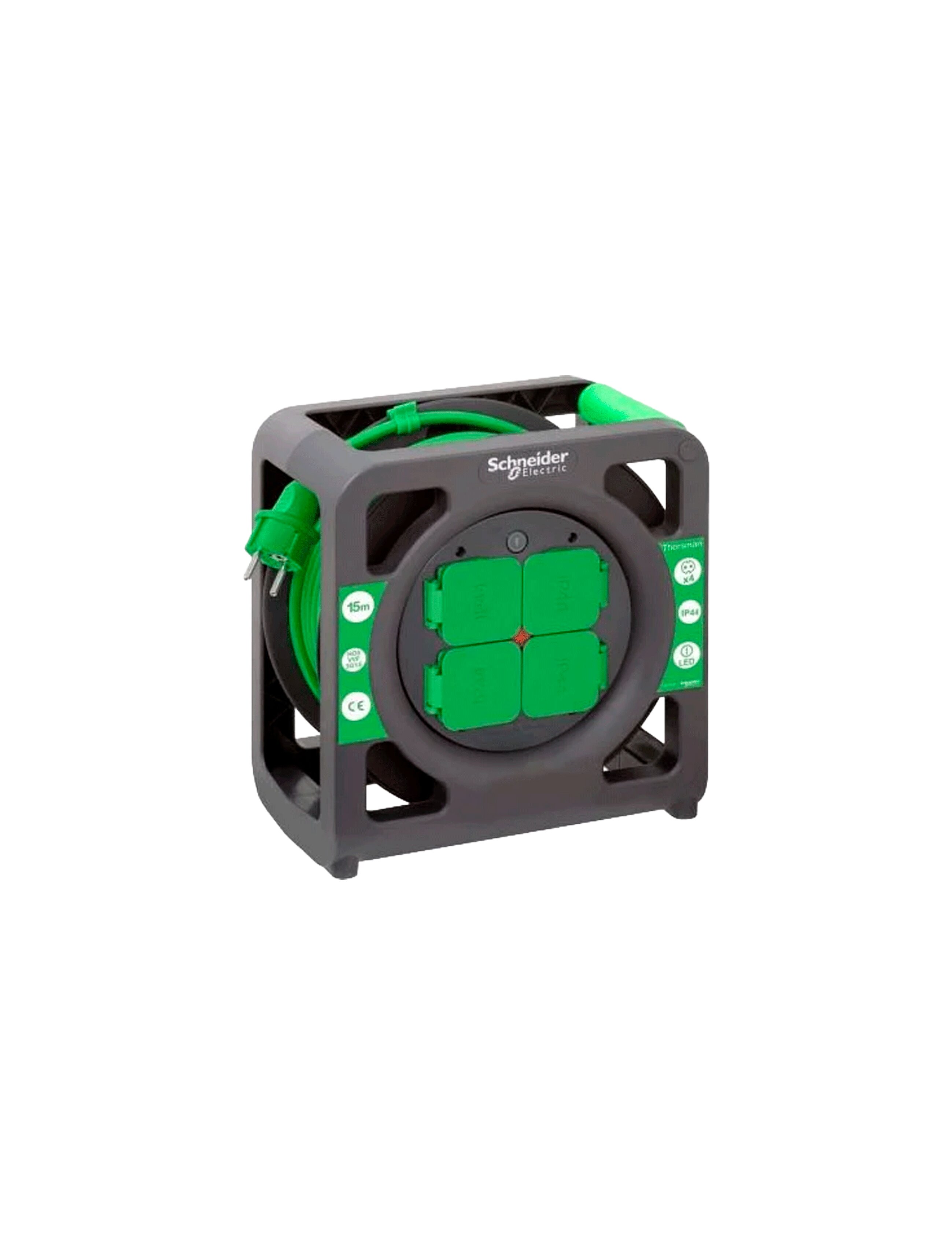 Удлинитель на катушке с 4 розетками, 15 м, 3x1,5 мм, степень защиты IP44, IMT33136, SCHNEIDER.
