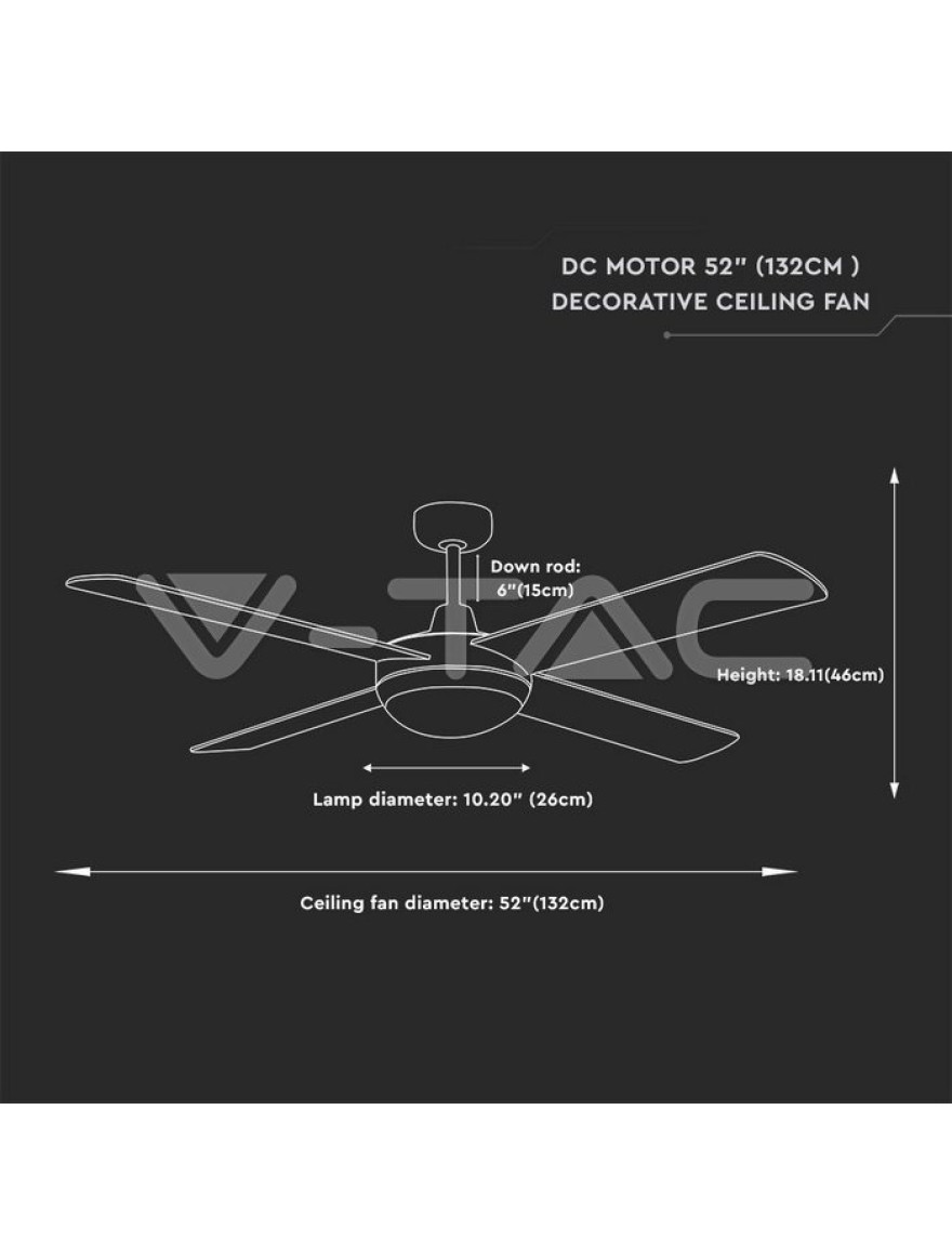 Lustra cu ventilator 60W 2xE27 220 rot/min D132x46 4pale+telecomandă V-TAC