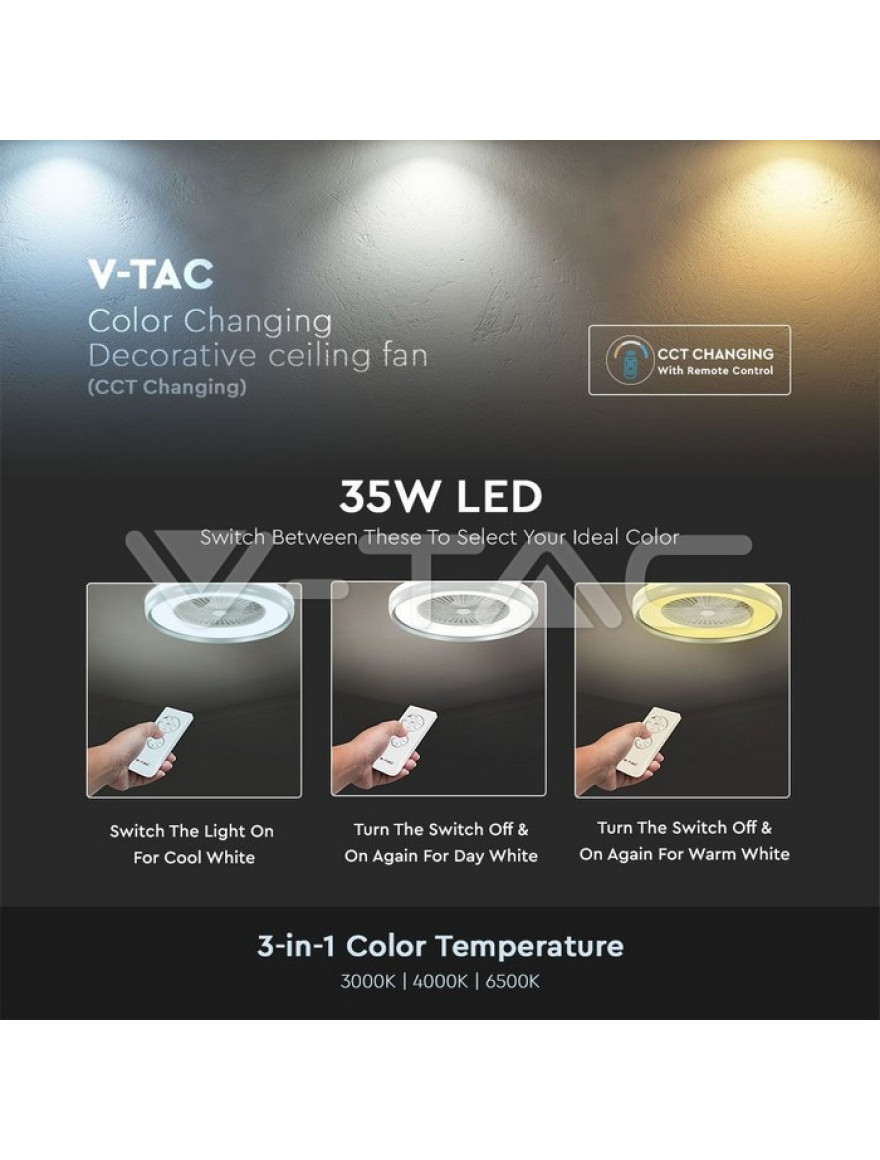 Plafoniera LED cu ventilator 45W 3000-6500K 3795lm D60x20 gri+telecomandă V-TAC