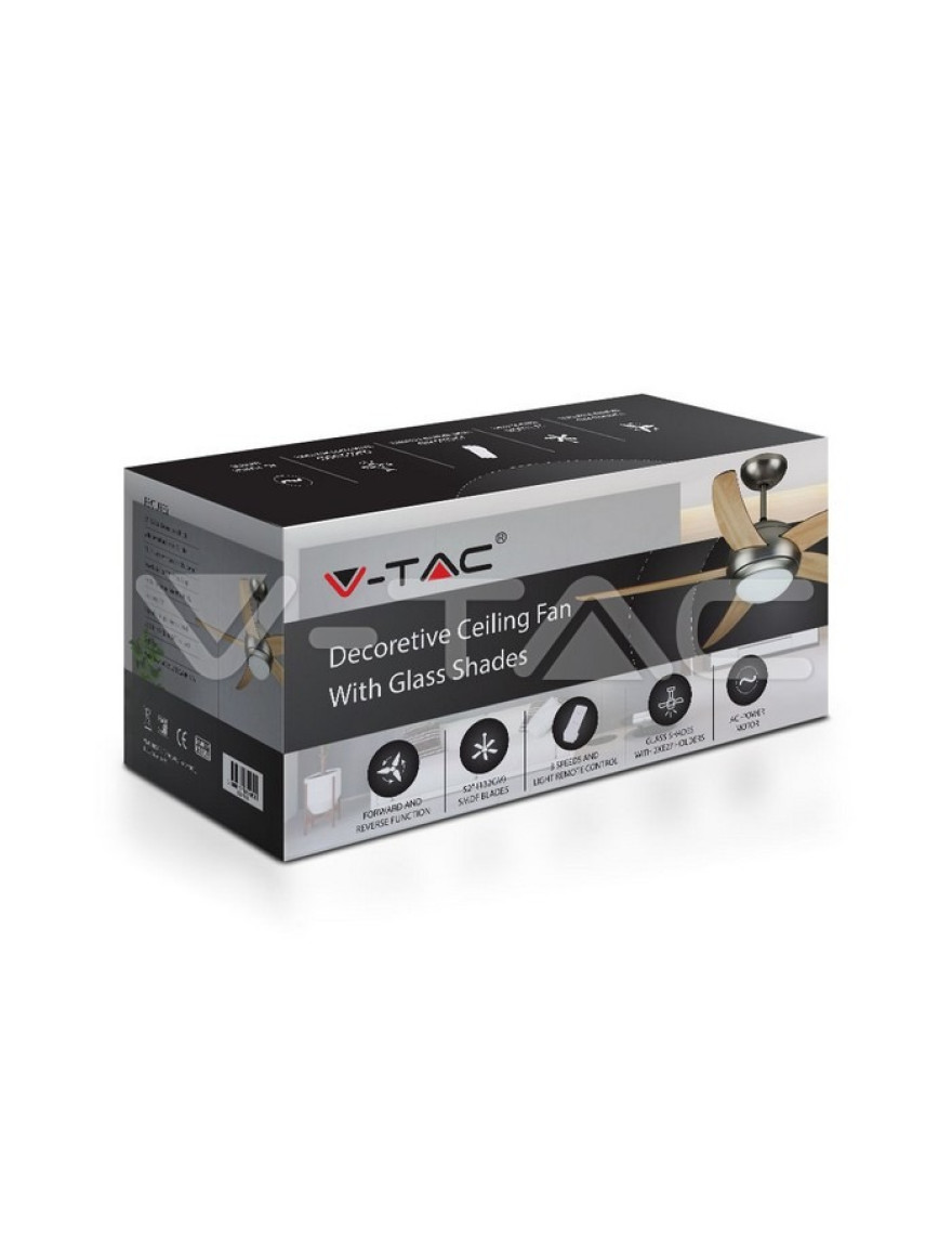 Lustra cu ventilator 60W 2xE27 190 rot/min  D132x41 5pale+telecomanda V-TAC