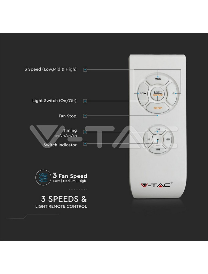 Lustra cu ventilator 60W 2xE27 190 rot/min  D132x41 5pale+telecomanda V-TAC