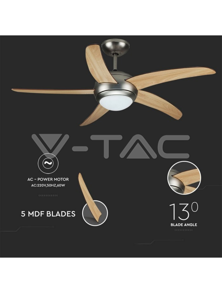 Lustra cu ventilator 60W 2xE27 190 rot/min  D132x41 5pale+telecomanda V-TAC